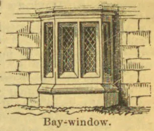 A drawing of a projecting bay window with three narrow, lattice-paned sections set into a stone wall.