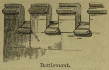 A drawing of a wall with projecting battlements and crenellations.