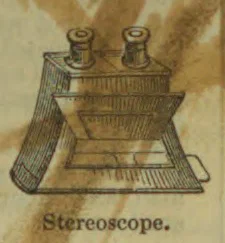 An antique stereoscope with two viewing lenses and a slanted viewing hood.