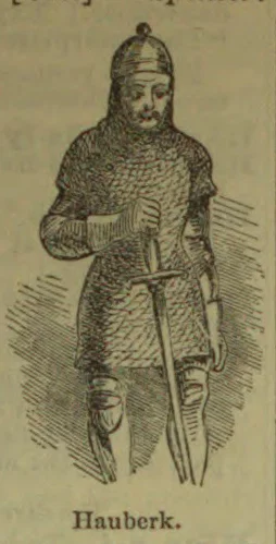 An armored man wearing a chain-mail hauberk and holding a sword.