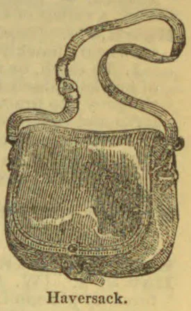 An engraved illustration of a haversack with a long shoulder strap.