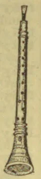 An antique wind instrument with a long, narrow body and a flared bell.