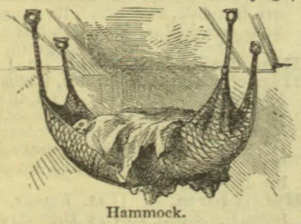 An engraved illustration of a hammock suspended from supports.