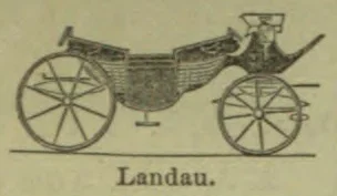 An illustration of a landau carriage with large rear wheels and smaller front wheels.