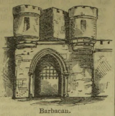 An old stone castle gate with a pointed archway flanked by round towers.