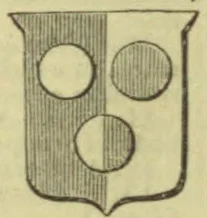 A shield divided vertically, bearing three circular discs, with striped shading on portions of the shield and discs.