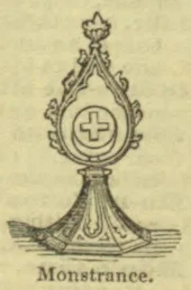 A decorated monstrance with a cross displayed in its central circular window.