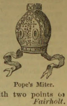 An ornate papal miter with two decorative bands and trailing ribbons.