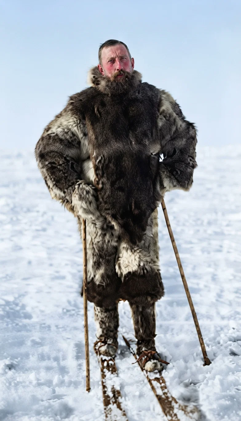 Captain Roald Amundsen, with his skees and wearing his south pole expedition clothes
