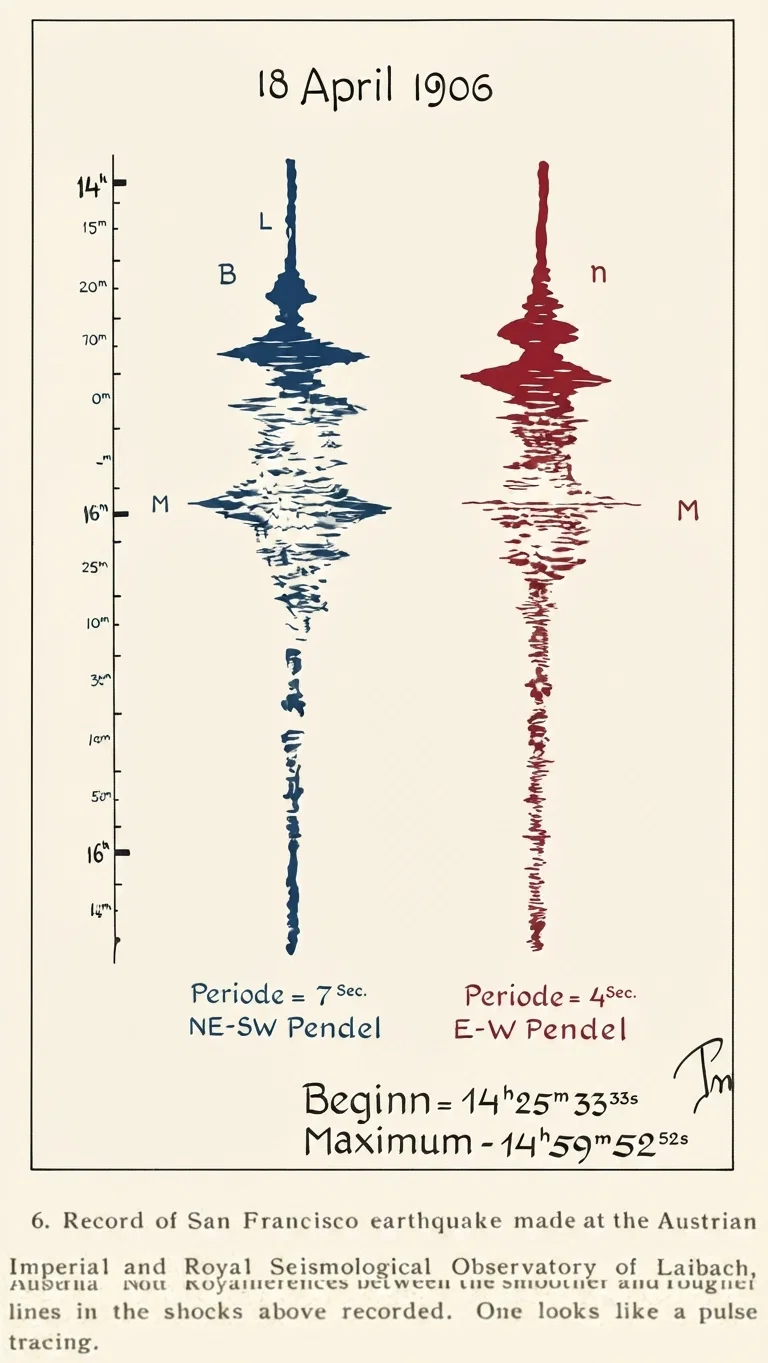 6. Record of San Francisco earthquake made at the Austrian Imperial and Royal Seismological Observatory of Laibach, Austria. Note the differences between the smoother and rougher lines in the shocks above recorded. One looks like a pulse tracing.