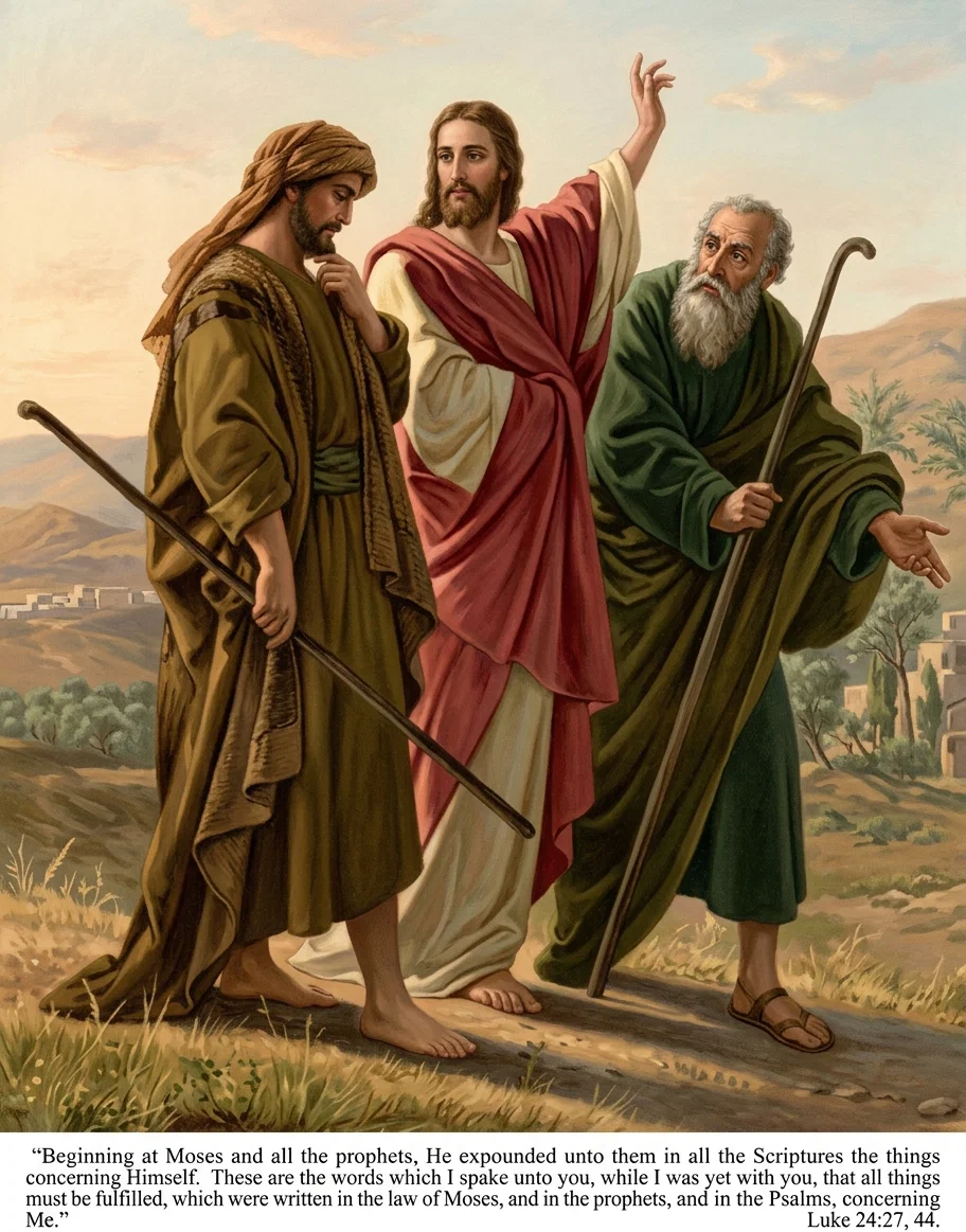 Beginning at Moses and all the prophets, He expounded unto them in all the Scriptures the things concerning Himself. These are the words which I spake unto you, while I was yet with you, that all things must be fulfilled, which were written in the law of Moses, and in the prophets, and in the Psalms, concerning Me. Luke 24:27, 44.