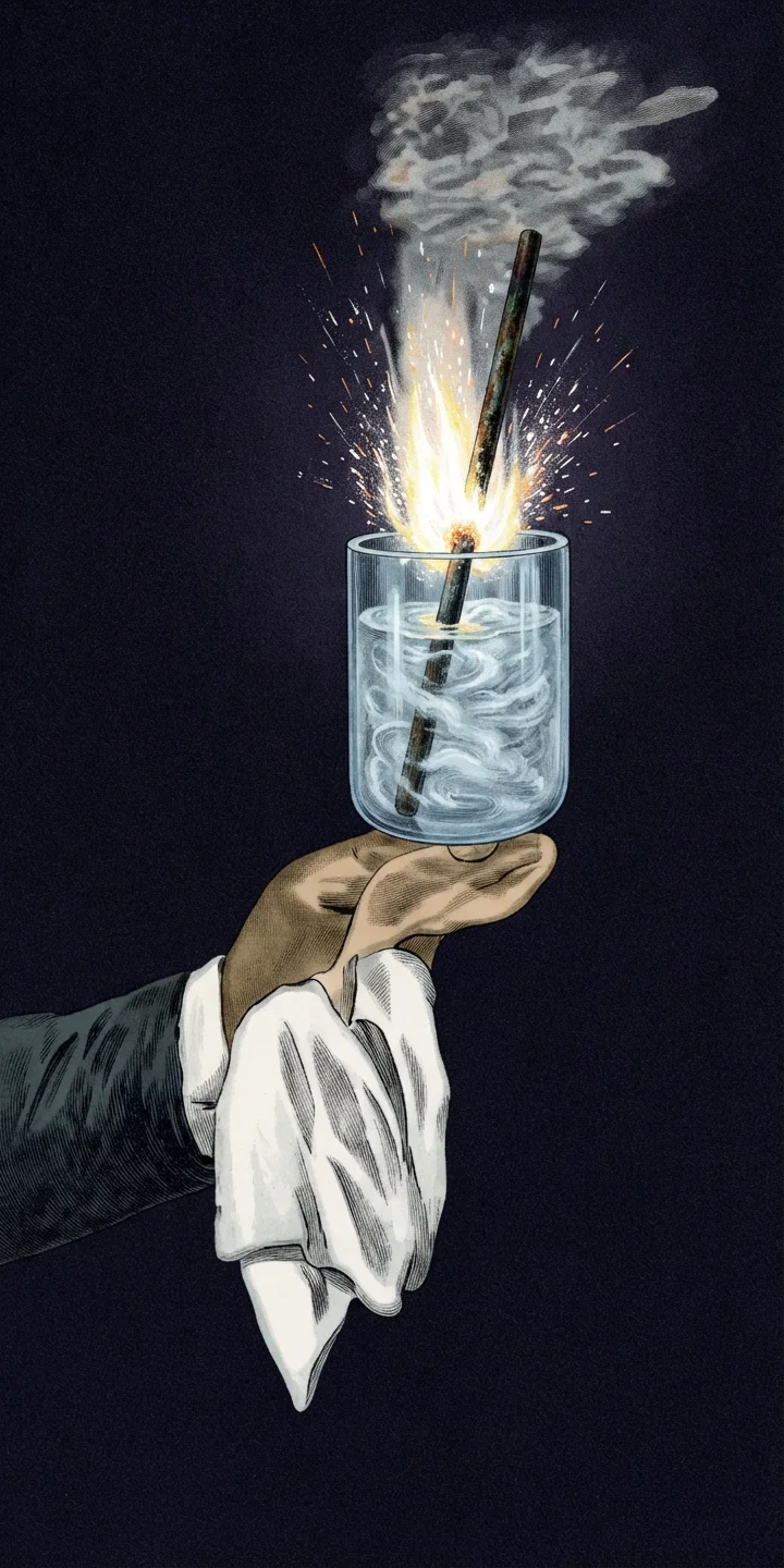 Steel rod burning in a cup of liquid air. Steel burns at 3,500° above zero. This great temperature is obtained by having a lighted match attached to the steel rod when it is immersed in the liquid air.