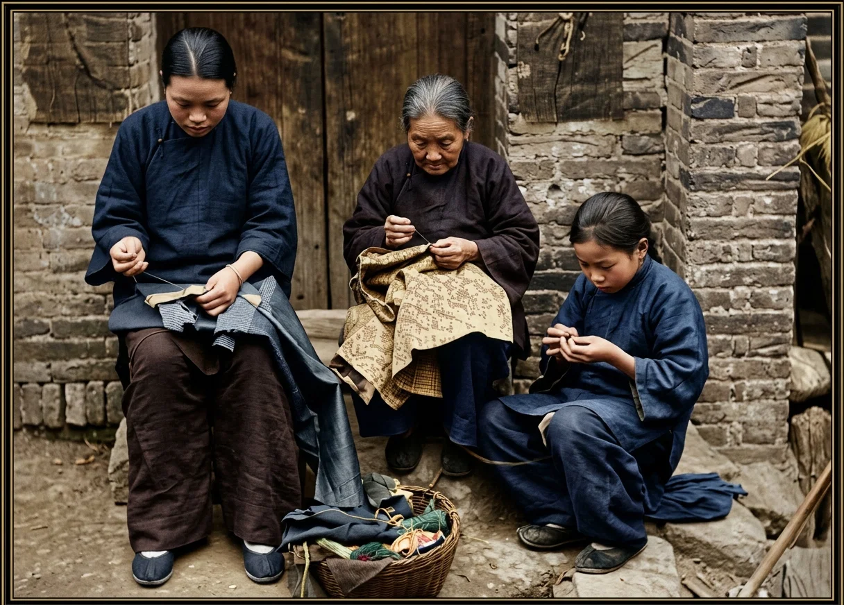CHINESE GIRLS LEARNING TO SEW