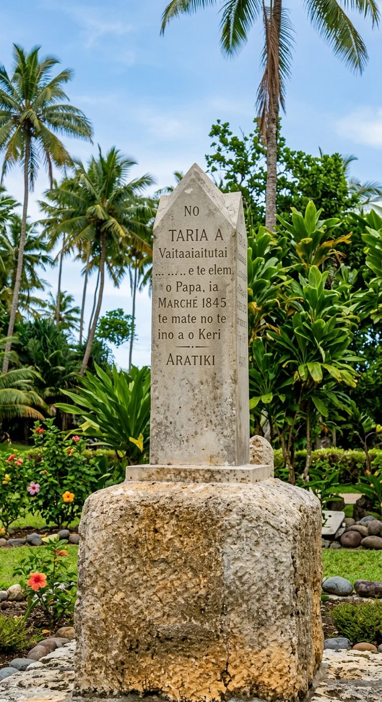 Monument erected in Rarotonga to the memory of native teachers who were massacred in pioneering with the gospel in New Guinea, with James Chalmers.
