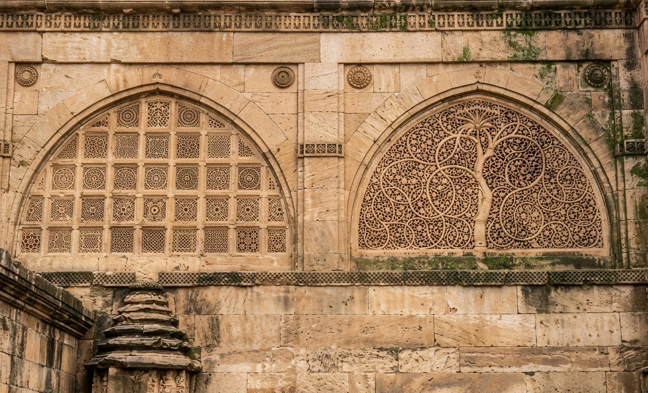 A fine example of Indian artistic skill and patience. Each of the windows in this Mohammedan place of prayer at Ahmadabad is carved from a single block of marble.