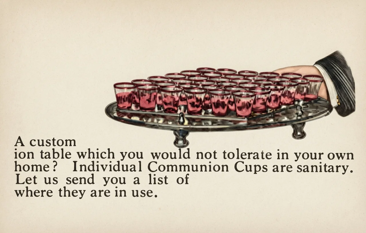 Individual Communion Cups Why permit a custom at the communion table which you would not tolerate in your own home? Individual Communion Cups are sanitary. Let us send you a list of nearly 3,000 churches where they are in use. Send for Free Book. We offer a Trial Outfit free to any church. Sanitary Communion Outfit Co. 29th St. Rochester, N.Y.