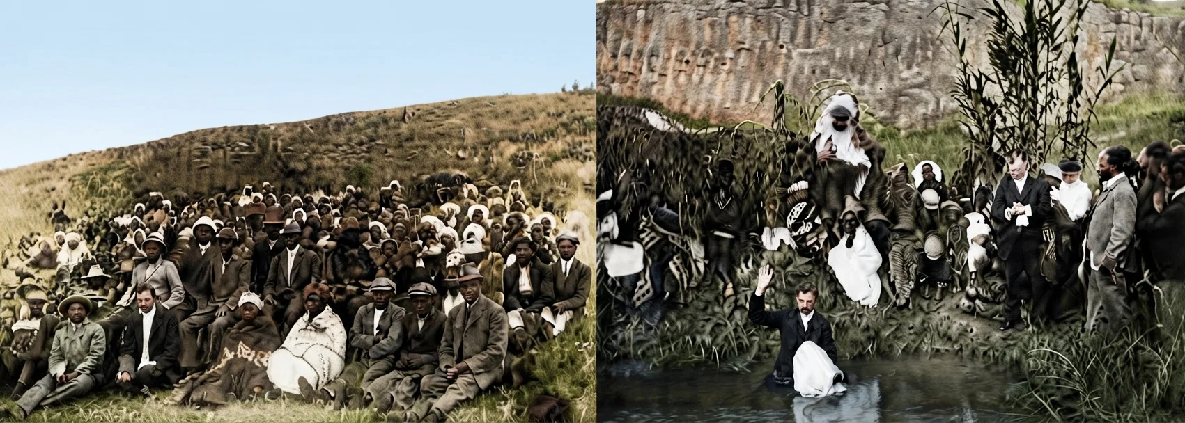 The picture on the left is a congregation of Basutos assembled on the river bank to witness a baptismal service. On the right is the baptismal scene. Elder O. K. Butler is performing the ceremony. Elder W. B. White, superintendent of our South African Mission, is the white man on the shore.