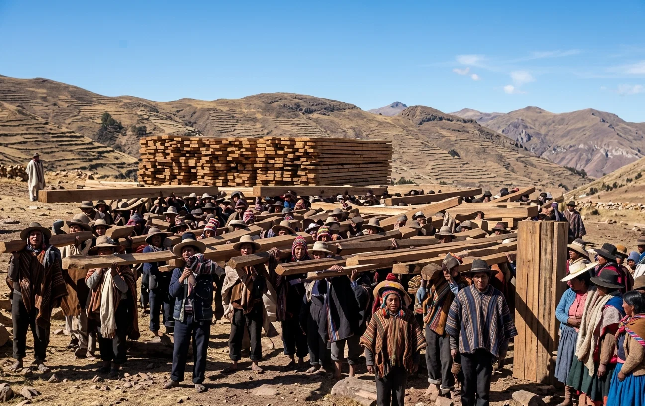 INDIANS BRINGING MATERIAL FROM PUNO, TWENTY-ONE MILES, UPON THEIR SHOULDERS FOR THE NEW MISSION BUILDING