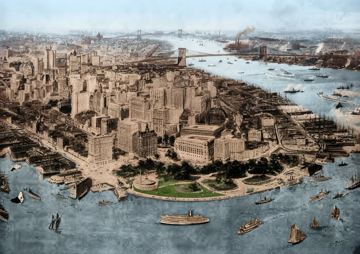 Copyrighted 1904, 1905, by Moses King. LOWER NEW YORK, SKY-SCRAPERS, AND BROOKLYN BRIDGES.