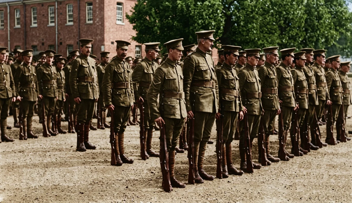 Photo Underwood & Underwood. Troops from Newfoundland going to the front in the European war. This is a specimen of the splendid manhood that is being sacrificed to the god of war.