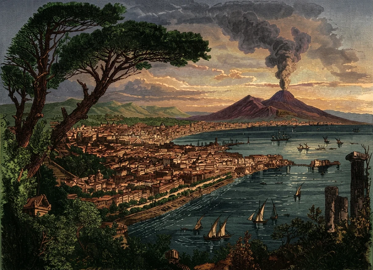 THE CITY AND BAY OF NAPLES; MOUNT VESUVIUS IN THE DISTANCE.