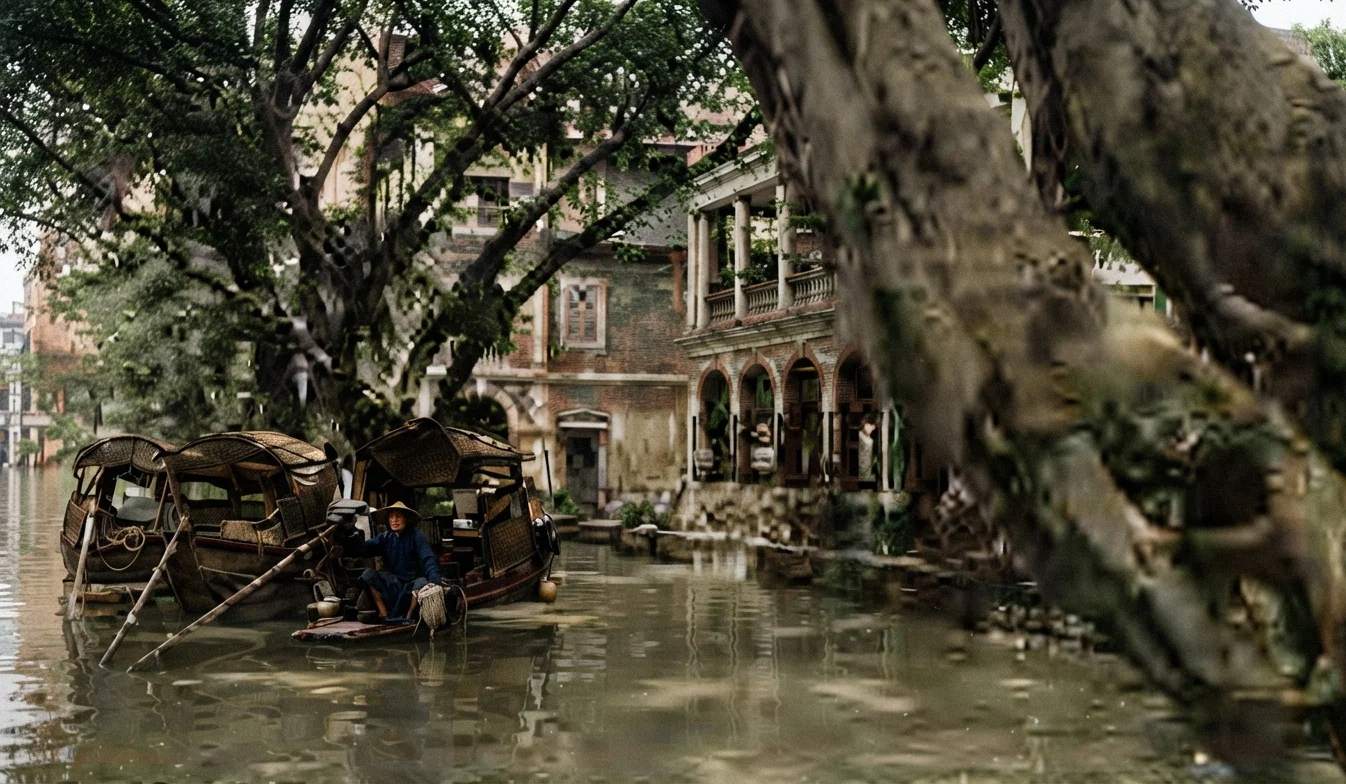 STREET OF CANTON, CHINA, DURING THE FLOOD