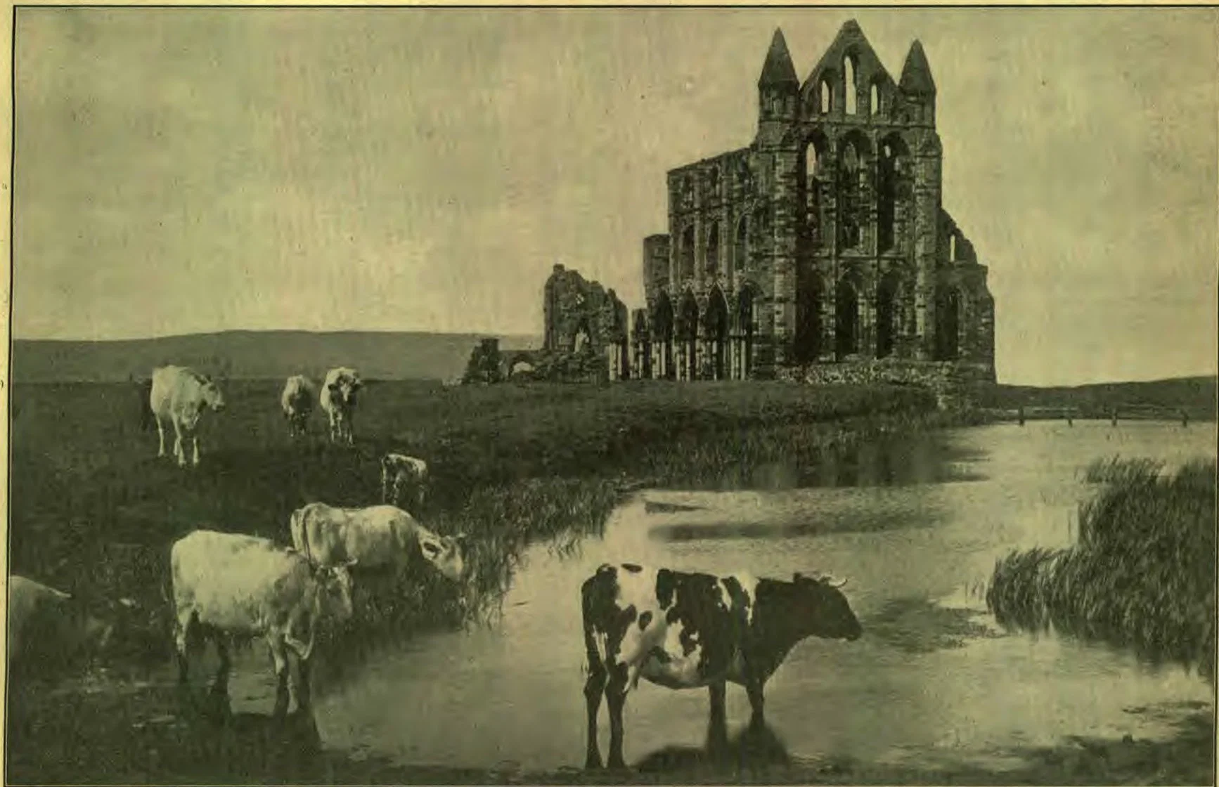 A beautiful bit of country in northeast England, in which the contrast stands strongly out between the country and the work of men's hands. The country is fresh and green and beautiful, while the work of men's hands is in ruins. These ruins are of the old Whitby Abbey, formerly a Benedictine abbey to 867, then destroyed; rebuilt in 1078, by William de Perey, as a monastery for men. The stream of water is the River Esk, where it enters the North Sea.