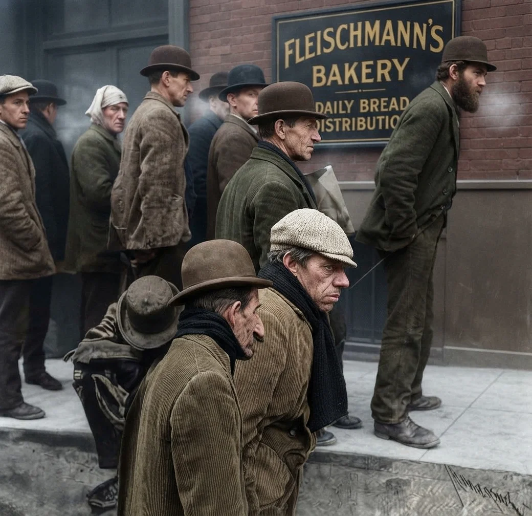 Outside Fleischmann's Bakery Waiting in the Cold for Bread.