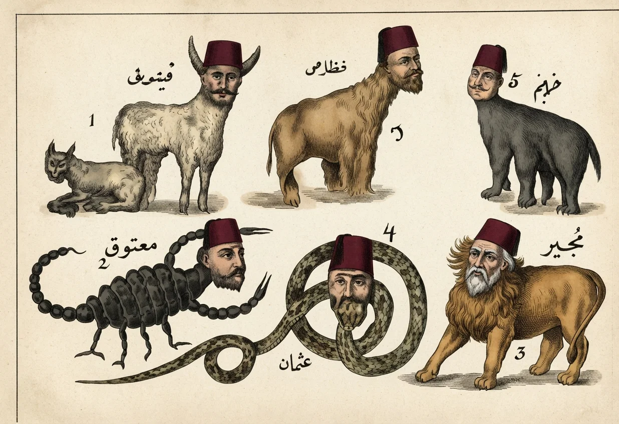 The Powers that Were. Among the first-fruits of the free press in Constantinople. (1) Chief of Police. (2) The Court "Crab." (3) Member of the Imperial Council. (4) The notorious Izzet Pasha who escaped so narrowly on an English boat. (5) Chief of Detective service, cut to pieces by a mob. (6) Aid-de-Camp and Private Detective of the sultan.
