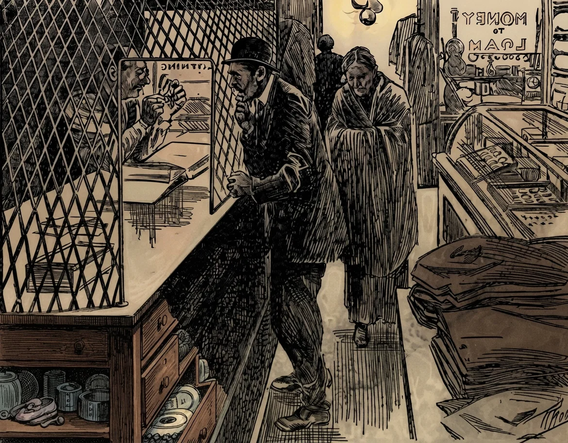 Seeking a paltry pittance from the pawnbroker to quench the awful thirst that consumes him. Drink-crazed, the wretched victim will take the baby's shoes, the wife's clothing — in fact, anything that will secure the price of a drink.