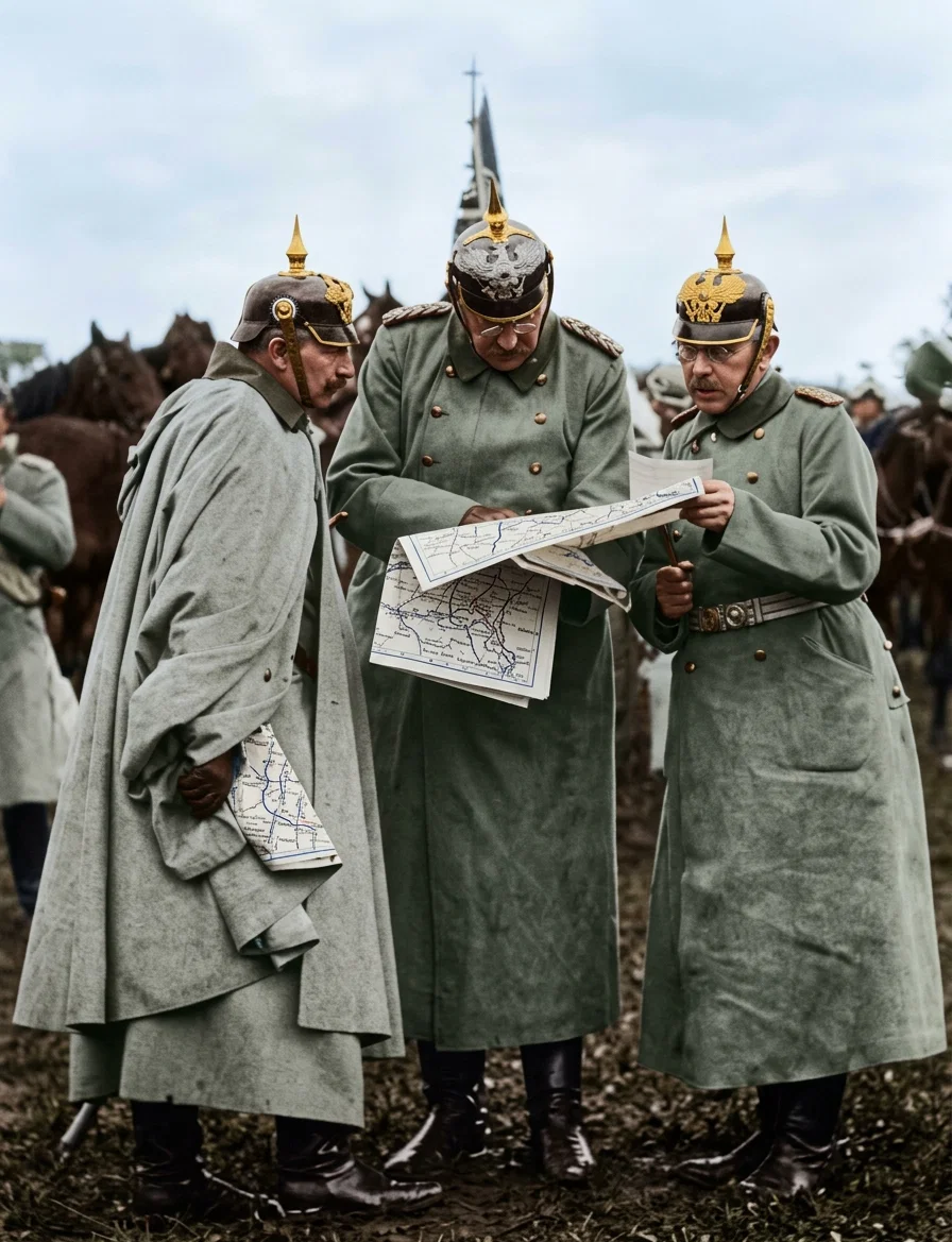 EMPEROR WILLIAM (LEFT), WITH HIS GENERALS, CONSULTING WAR MAP ON THE FIELD