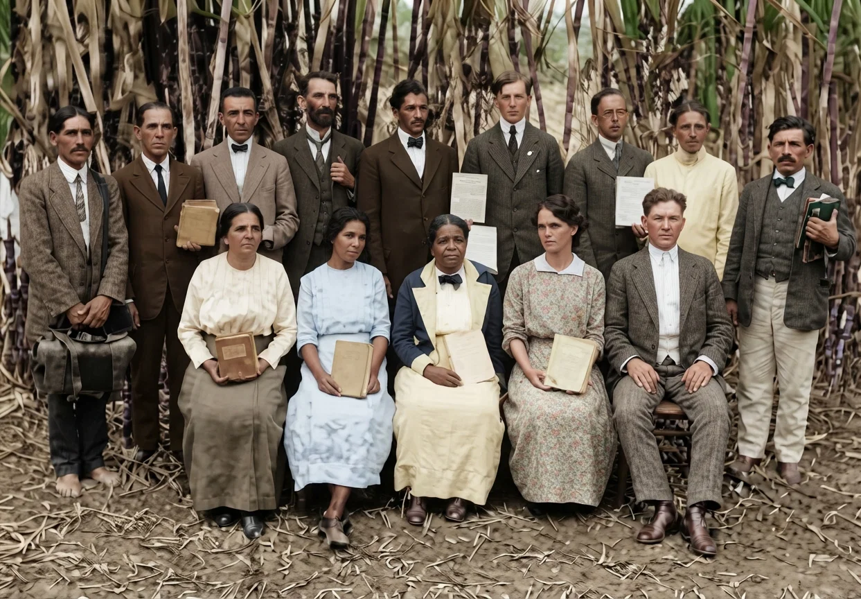 These people were first interested in the truth by two colporteurs going into their neighborhood selling books. R. N. Carter and the brother working with him, then held some meetings with them, instructing them how to sell literature, also, and this picture shows them ready to go out with the books that guided them into the truth. This took place in Brazil, South America.