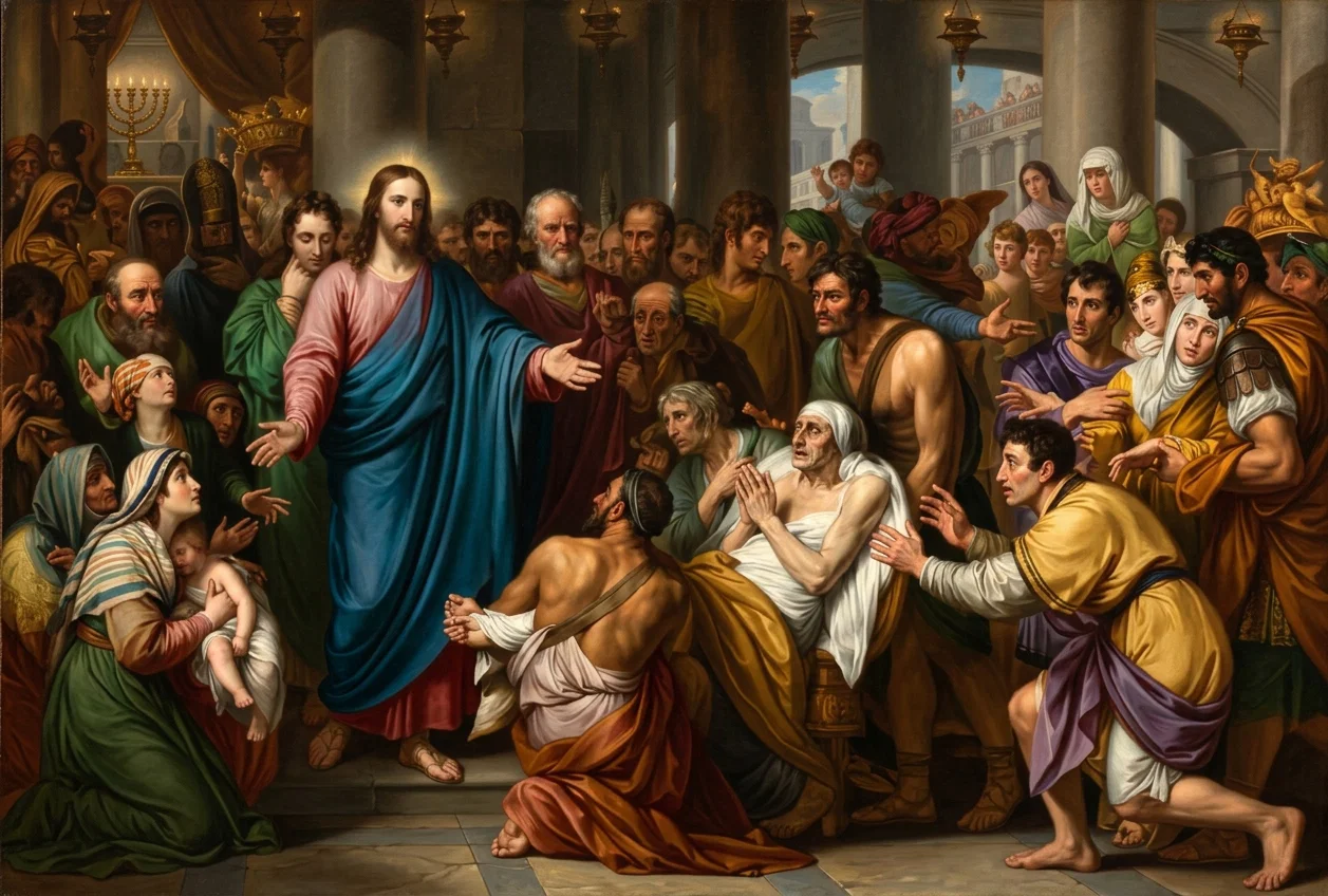 “The people pressed into Christ's presence with urgent, pitiful appeals” — Benjamin West, R.A.