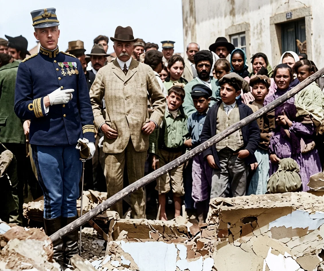 The king viewing the ruins of the Municipal Building in Coruche, Portugal.