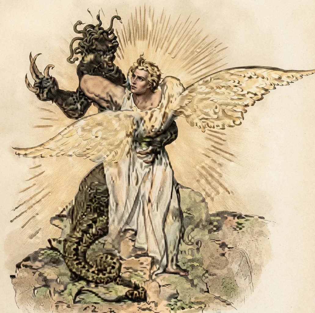 the stern onset of the Man-angel with the Man-dragon