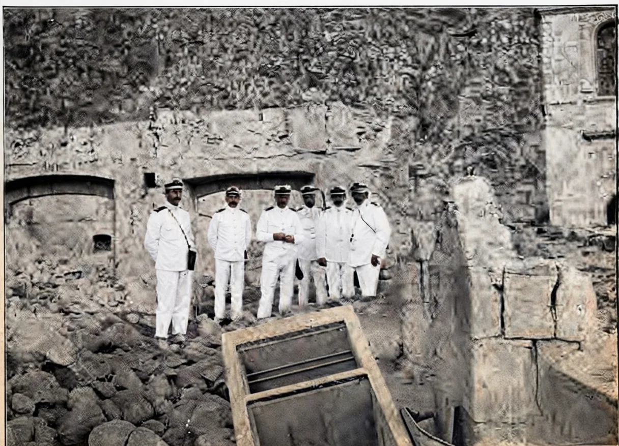 Interior of Bank of Martinique, Showing Group of Officers from Dutch Cruiser, Konigan Regentes.