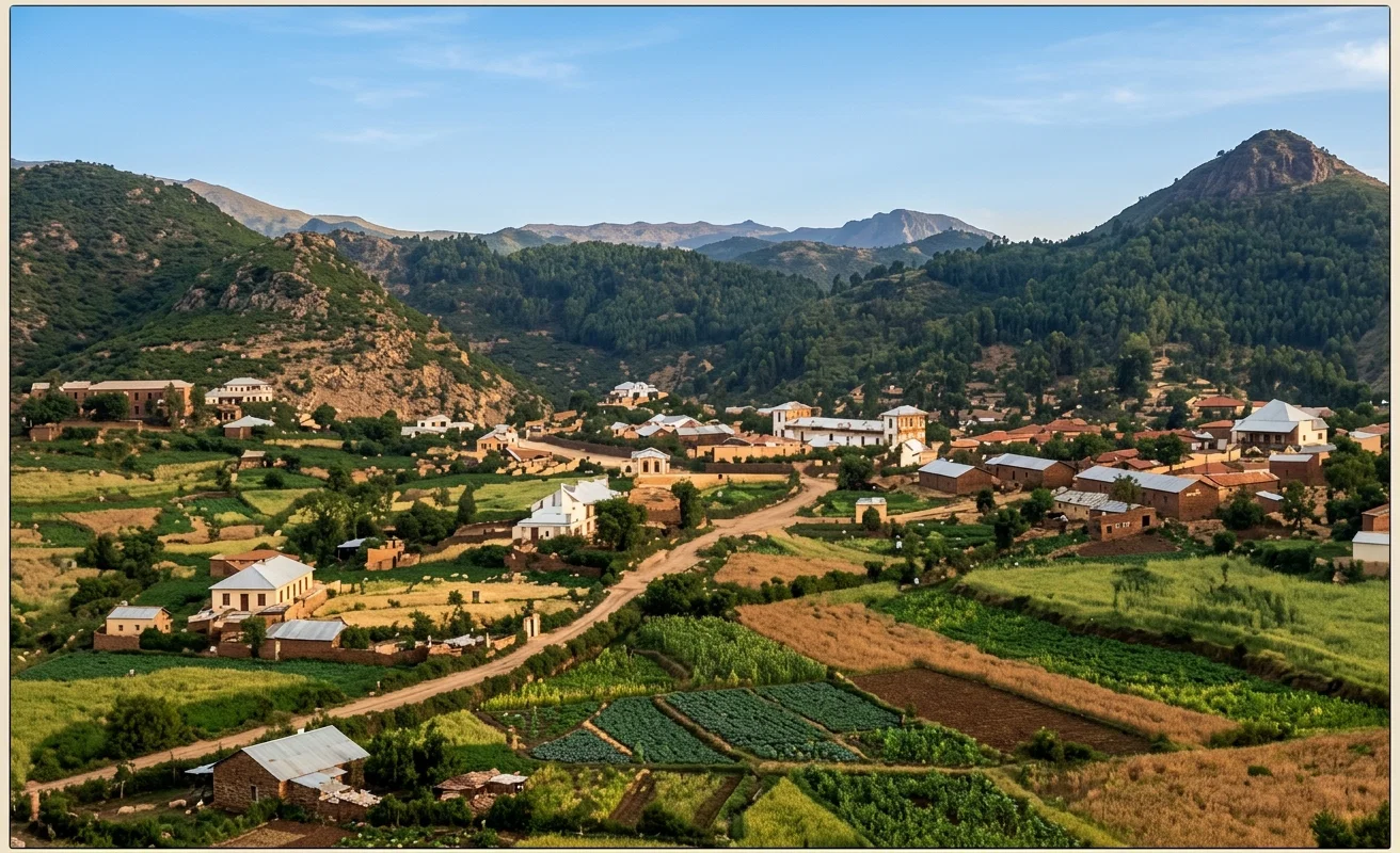 GHINDA, THE TERMINUS OF THE RAILWAY. ABOVE, ON THE MOUNTAINS, LIES ASMARA