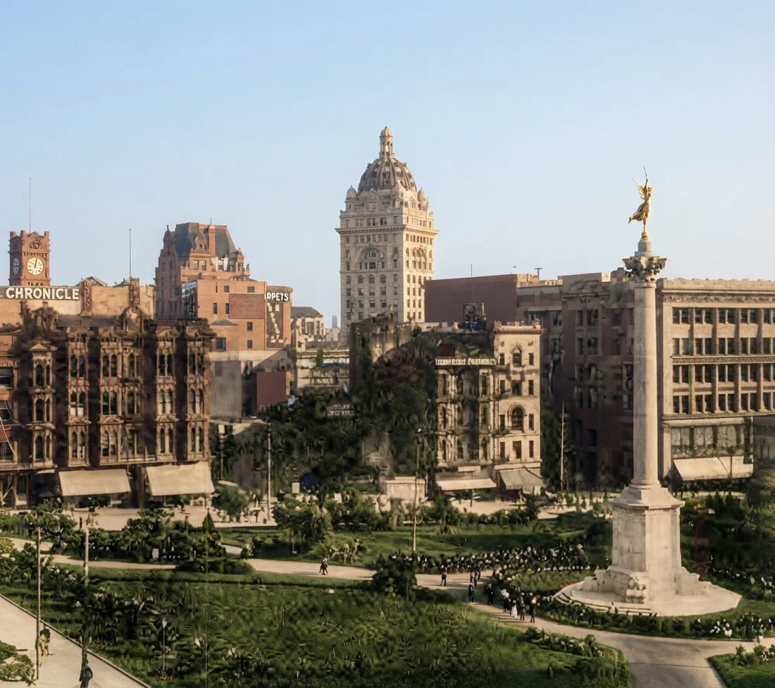 A view in San Francisco from Union Square, taken before the fire. The high building on the left with the clock tower is the Chronicle Building. In the center stands the tall Call Building. The high building between hides the Examiner Building shown on the opposite page.