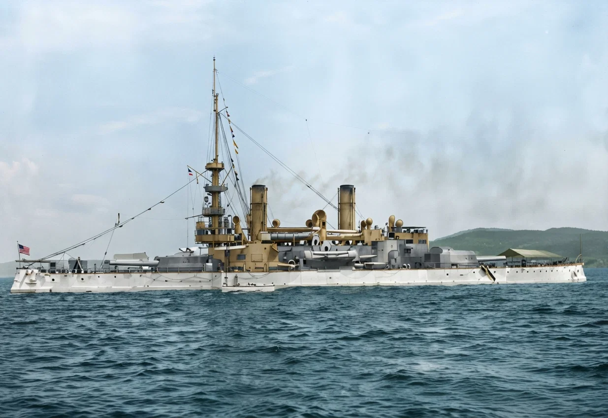 U. S. battleship "Oregon," she first left San Francisco Bay in March, 1898, under command of Captain (now Rear Admiral) Charles E. Clark, reaching Key West, Fla., on May 26, having sailed a distance of 14,000 miles. She assisted in the destruction of Cervera's fleet.
