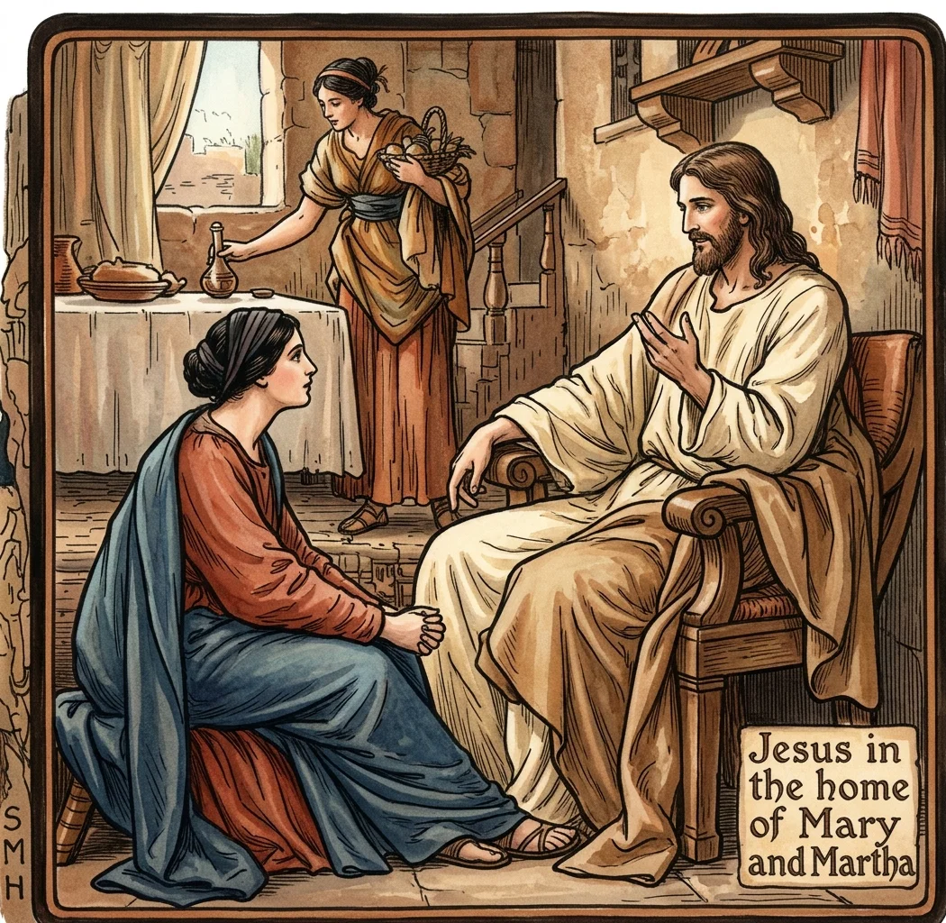 Jesus in the home of Mary and Martha