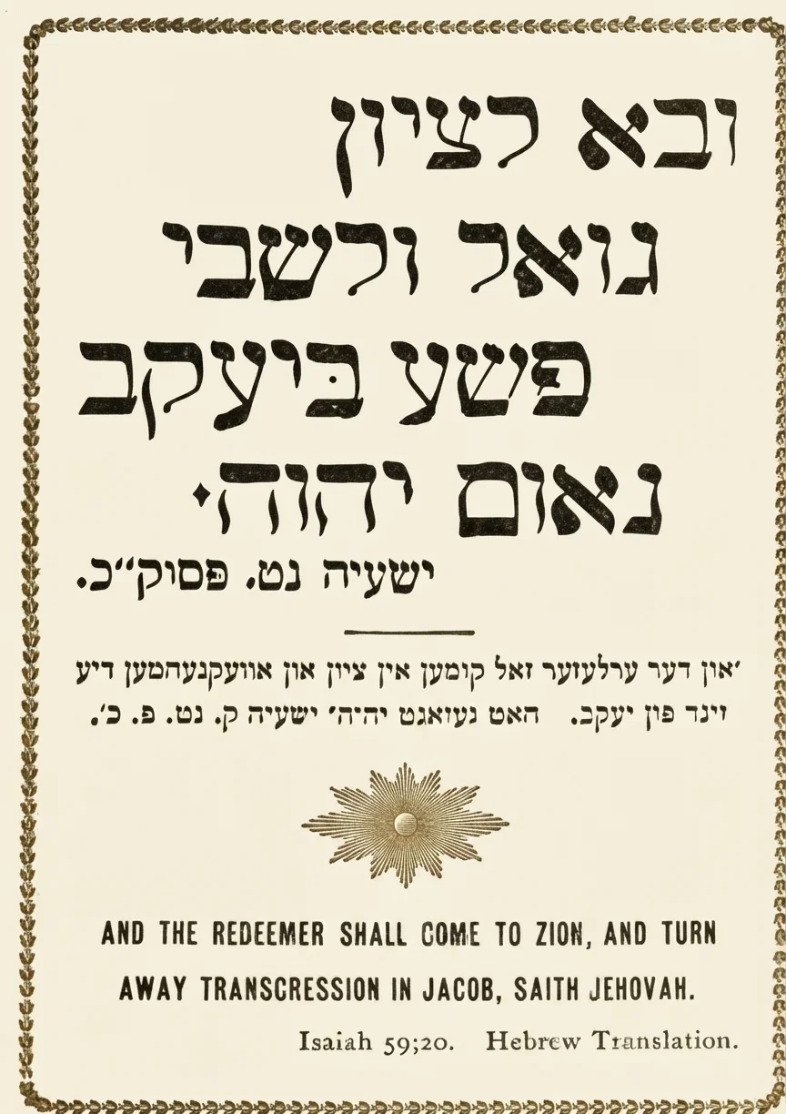 AND THE REDEEMER SHALL COME TO ZION, AND TURN AWAY TRANSCRESSION IN JACOB, SAITH JEHOVAH. Isaiah 59;20. Hebrew Translation.