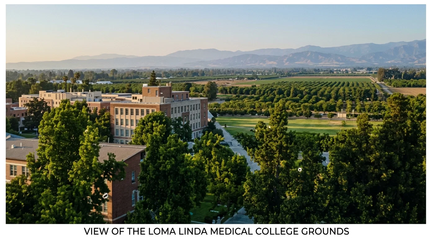 VIEW OF THE LOMA LINDA MEDICAL COLLEGE GROUNDS
Ladies’ dormitory in foreground at left, laboratory building in center, and hospital at left in the rear.