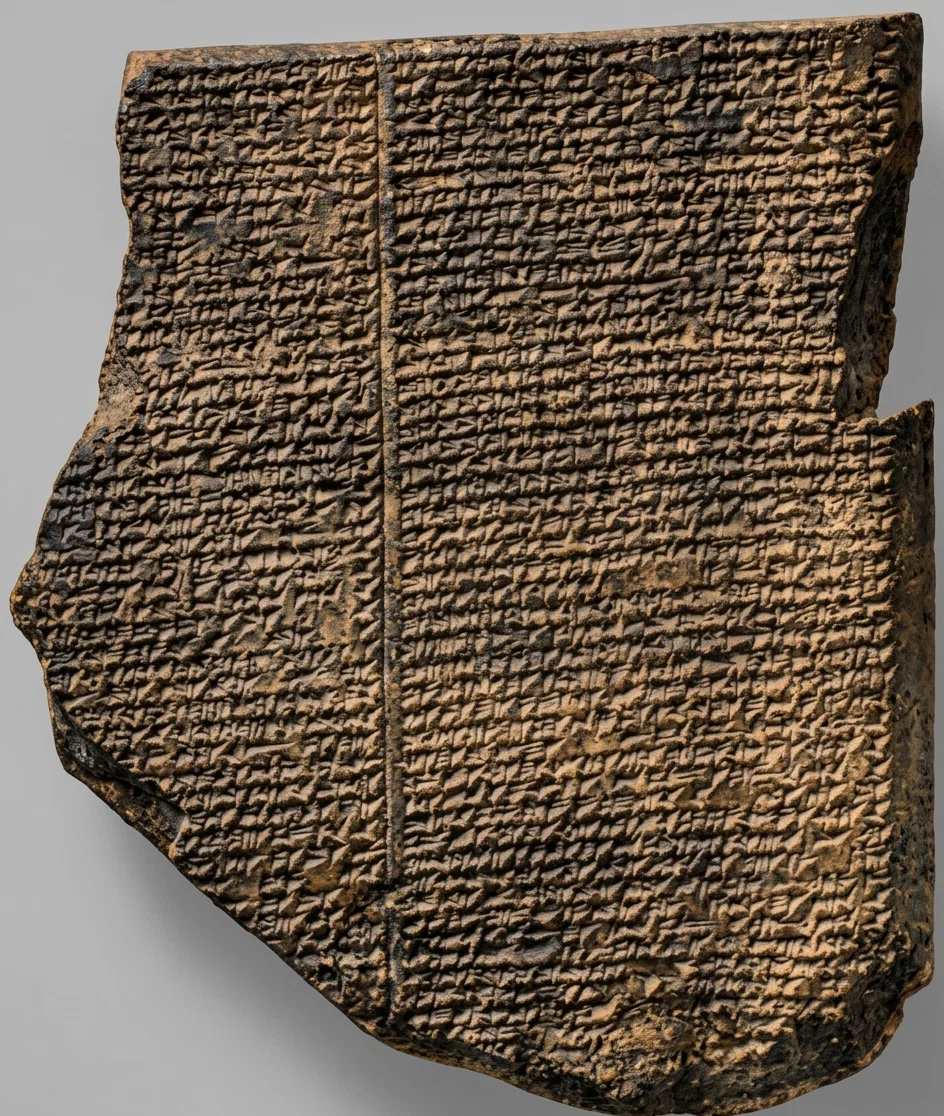 Fragment of a baked clay tablet inscribed with the Babylonian account of the Deluge. The original is in the Nineveh Gallery of the British Museum.