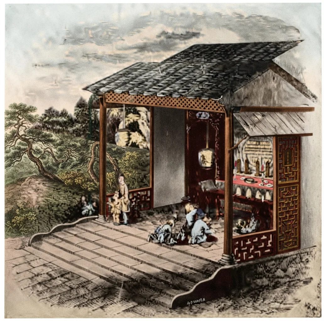 Ancestral Hall and mode of worshiping the tablets. Four tablets are shown on the innermost shelf.