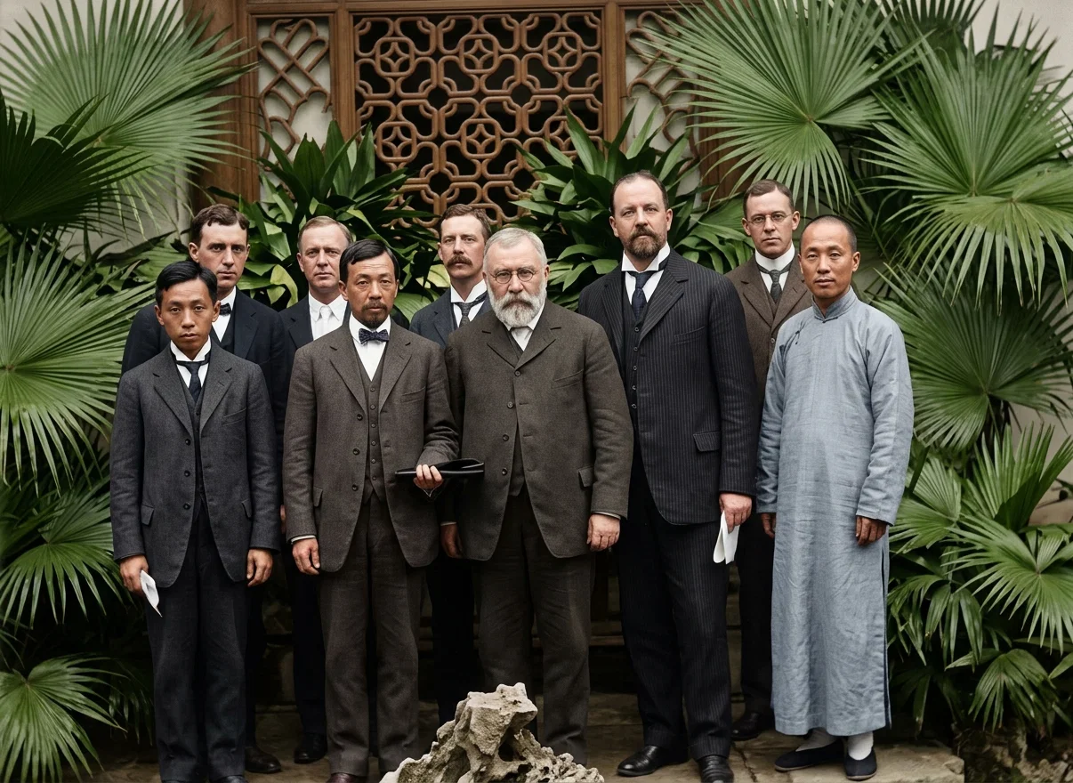 SOME OF THE WORKERS AT THE CANTON MEETING
Back row left to right: Dr. H. W. Miller, J. P. Anderson, J. N. Anderson,
W. W. Prescott, E. H. Wilbur. Front row: G. Doane Wong, Dr. Law Keem,
Brother C. Boreham (of Hongkong), Lin Koon Bing (Sec. Canton S. S.)
