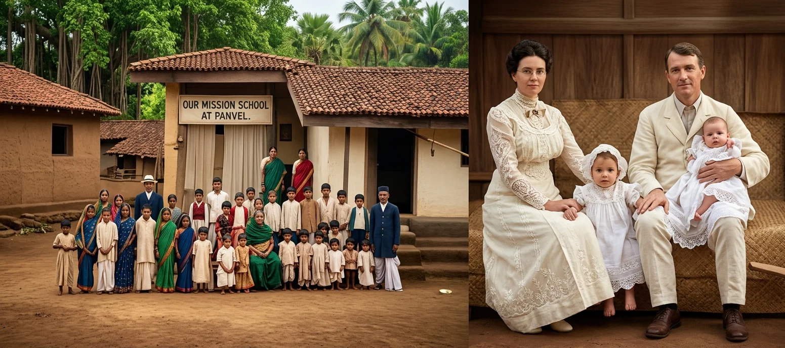 OUR MISSION SCHOOL AT PANVEL, INDIA    A. G. KELSEY (IN CHARGE OF PANVEL MISSION) AND FAMILY