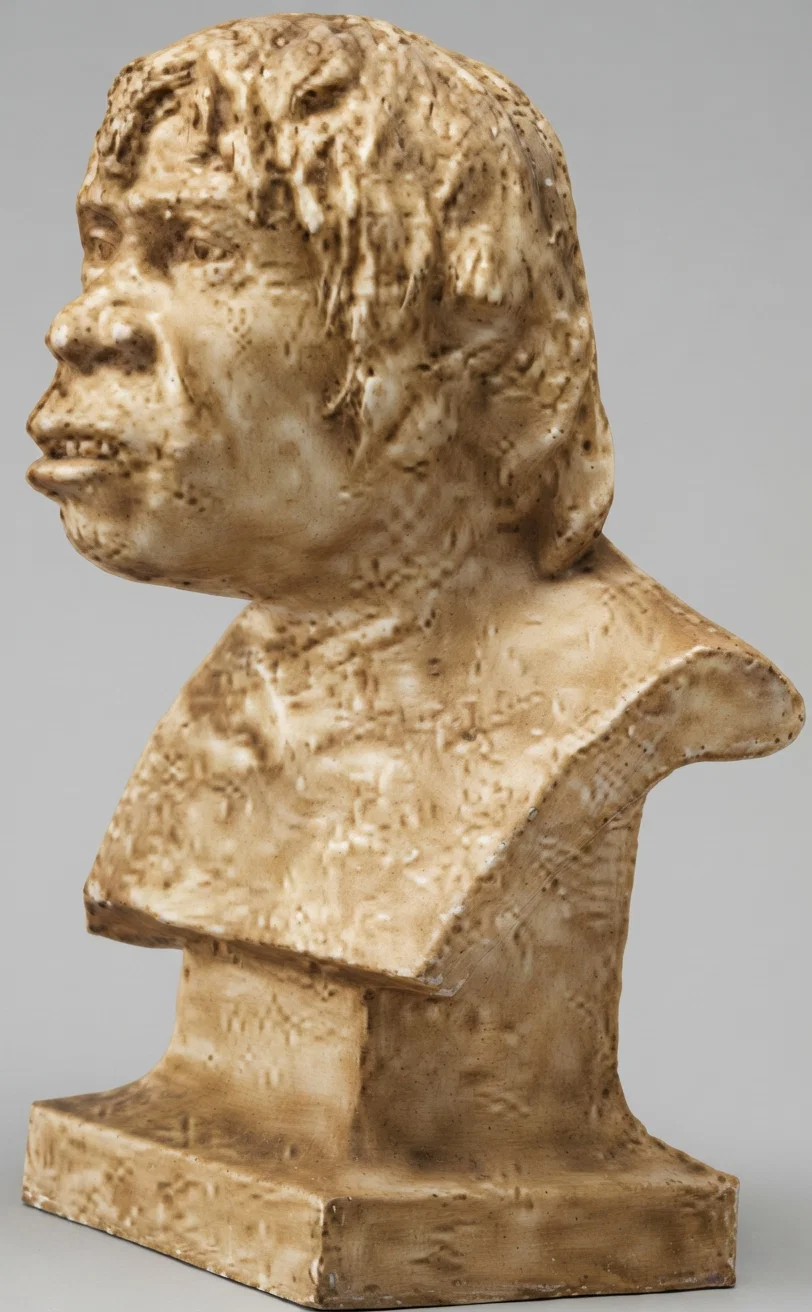 A head reconstructed on the Piltdown skull, found in Sussex, England; believed to have lived there 100,000 to 300,000(?) years ago.