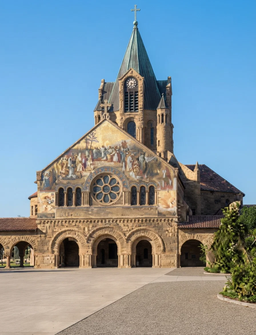 Stanford Memorial Chapel, built in memory of Hon. Leland Stanford by his wife at a cost of $1,000,000 for the building and $600,000 for the decorations, containing many beautiful mosaics.