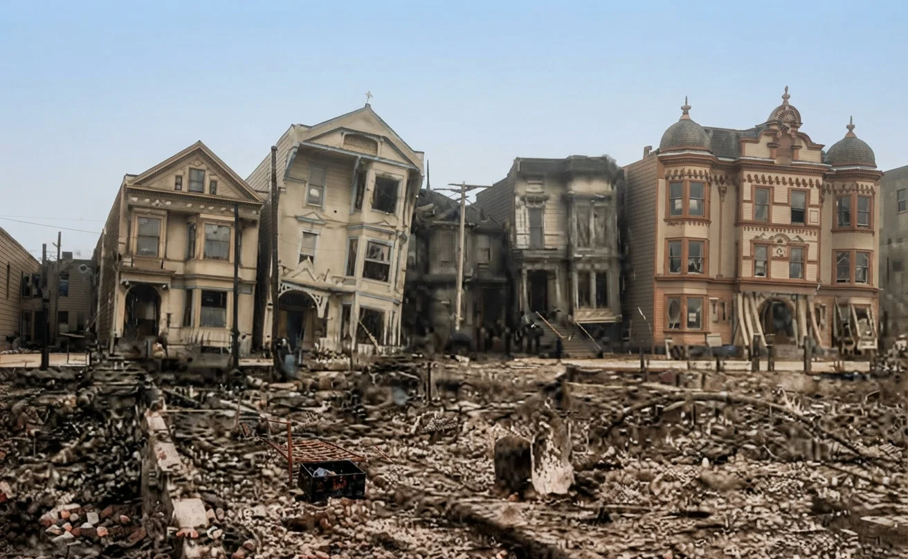 Earthquake ruins on Howard Street, between 17th and 18th. The house at the right on the corner is set over fully five feet from its foundation. This is fairly typical of the same conditions in other parts of the city. At the left of the last building standing was a house which totally collapsed, in which one woman was killed.