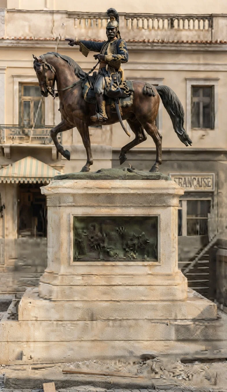 Bronze statue of Gen. Kolokotrones, commander of the Greek army in the War of Independence (1821-1829.) The right hand is pointing toward Macedonia as rightfully belonging to Greece, but yet to be acquired.